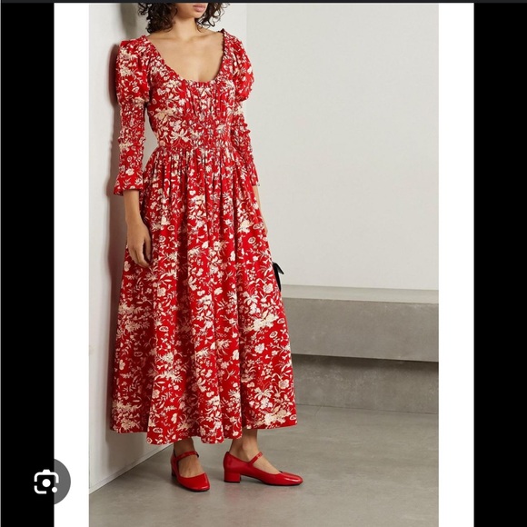 DÔEN Meribel Shirred Floral-Print Cotton-Poplin Midi Dress size Small - Picture 2 of 6